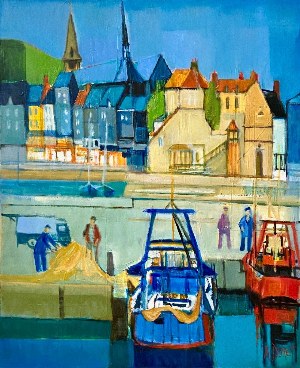 André Duret (1921-2019), Tableau Vue Du Port De Honfleur Années 1970. -photo-2