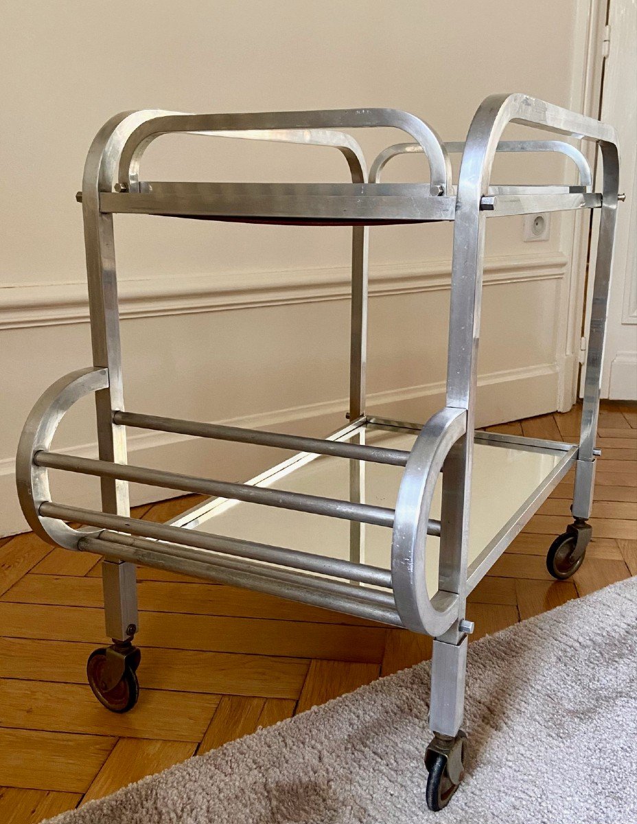 France, 1950s/60s, Aluminum Caster Table And Its Removable Jacques Adnet Style Top-photo-2