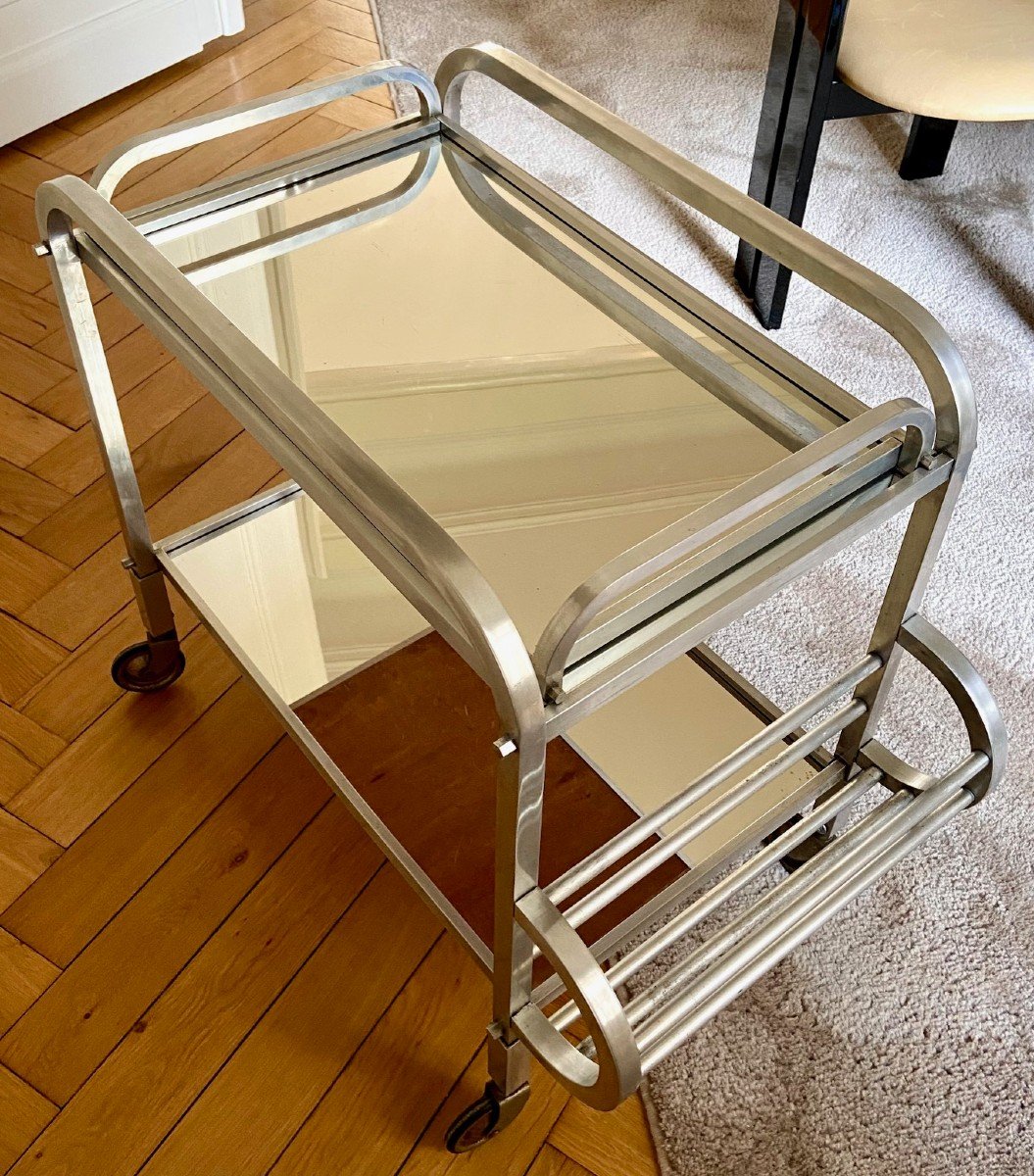 France, 1950s/60s, Aluminum Caster Table And Its Removable Jacques Adnet Style Top-photo-3