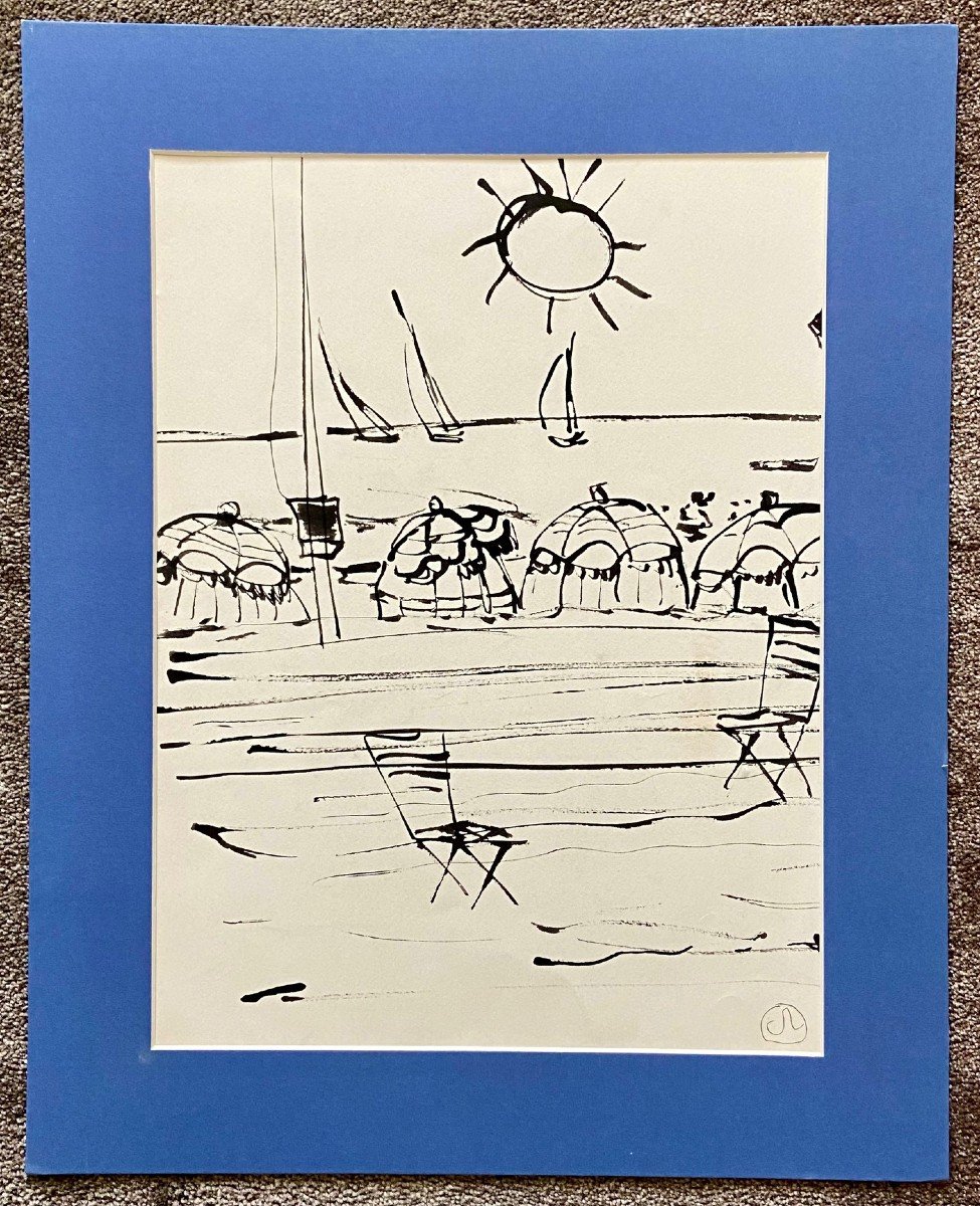 Gabriel Zendel (1906-1992), Dessin à l'Encre Noire Sur Papier "scène De Plage" Années 1970. -photo-2