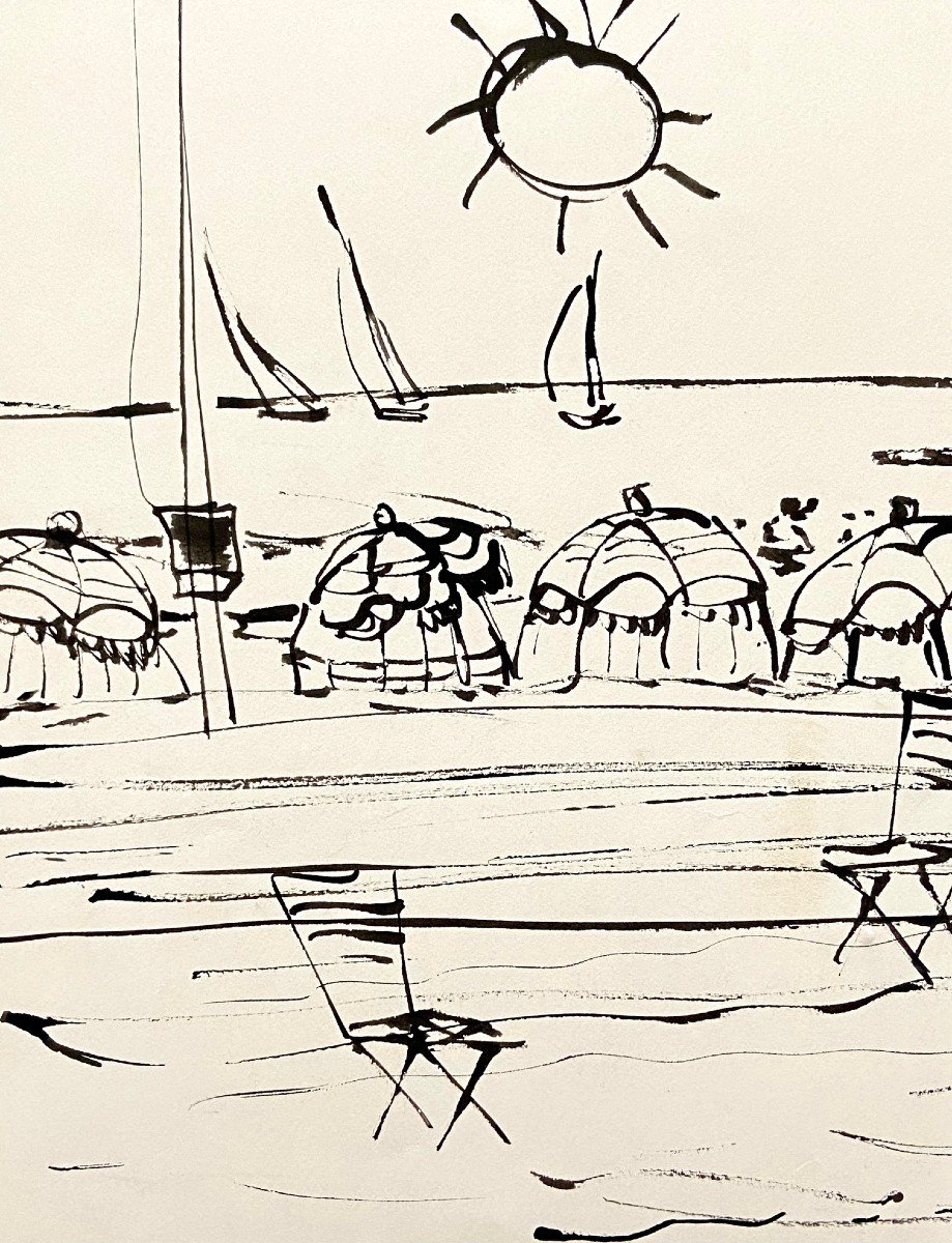 Gabriel Zendel (1906-1992), Dessin à l'Encre Noire Sur Papier "scène De Plage" Années 1970. -photo-4