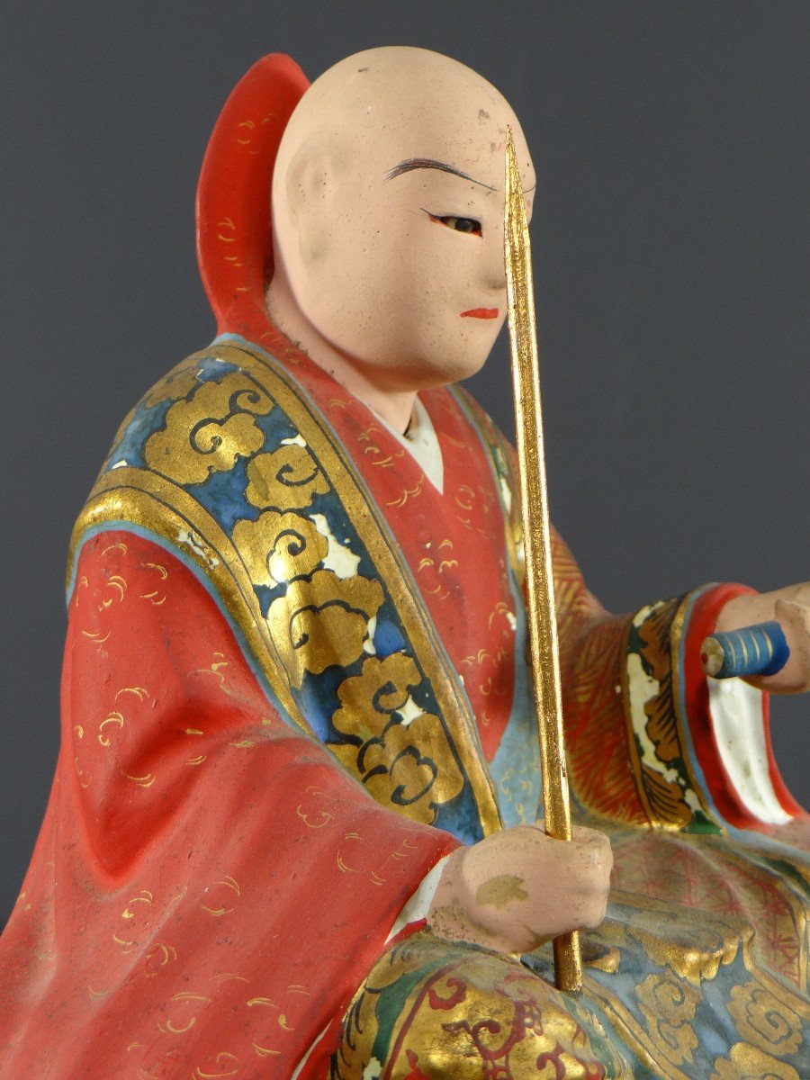 Japan, Early 20th Century, Wooden And Polychrome Plaster Statue Of The Monk Nichiren Shonin.-photo-2