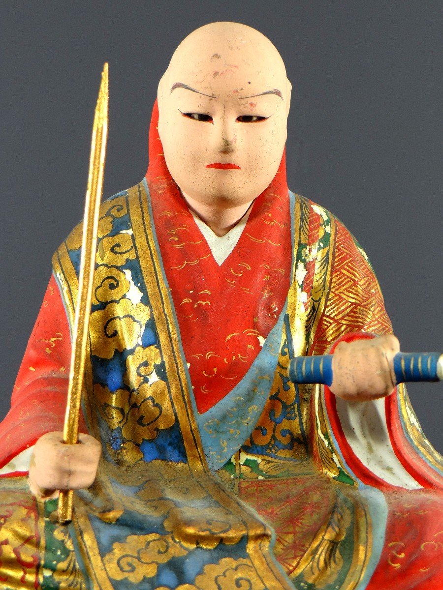 Japon, Début Du XXème Siècle, Statue En Bois Et Plâtre Polychrome Du Moine Nichiren Shonin.-photo-3