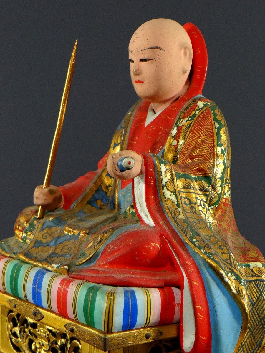 Japon, Début Du XXème Siècle, Statue En Bois Et Plâtre Polychrome Du Moine Nichiren Shonin.-photo-4