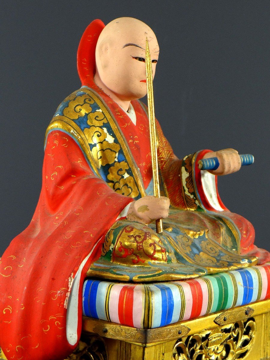 Japon, Début Du XXème Siècle, Statue En Bois Et Plâtre Polychrome Du Moine Nichiren Shonin.-photo-5