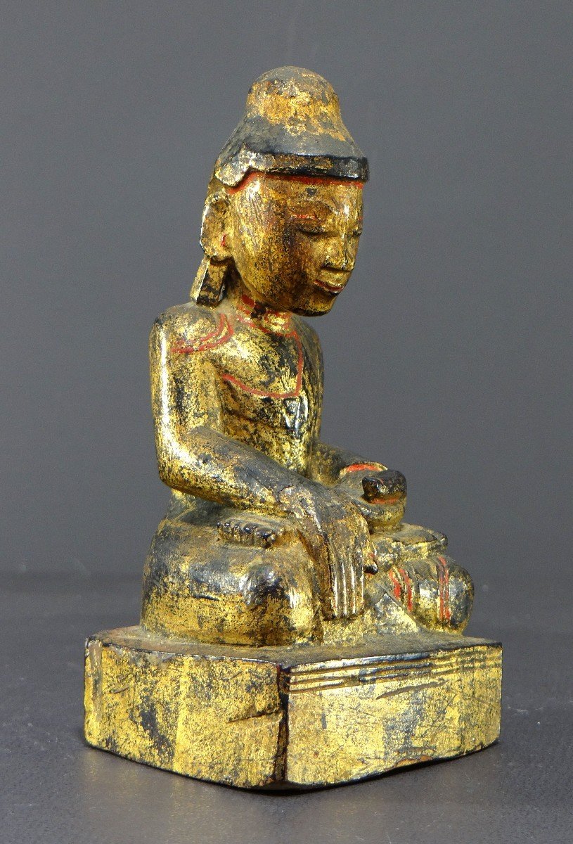 Burma, 19th Century, Mandalay Buddha In Carved And Gilded Wood On A Black Lacquer Background.-photo-2