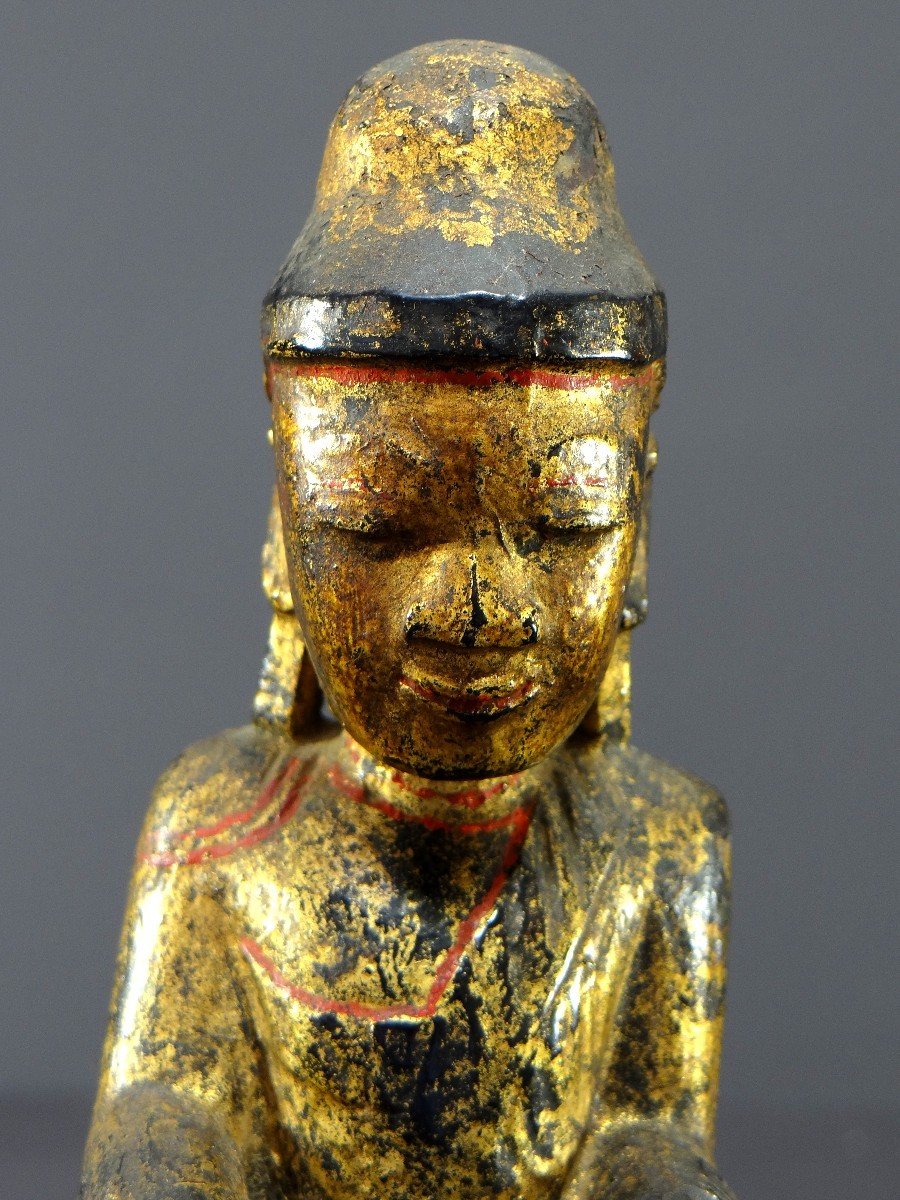 Burma, 19th Century, Mandalay Buddha In Carved And Gilded Wood On A Black Lacquer Background.-photo-3