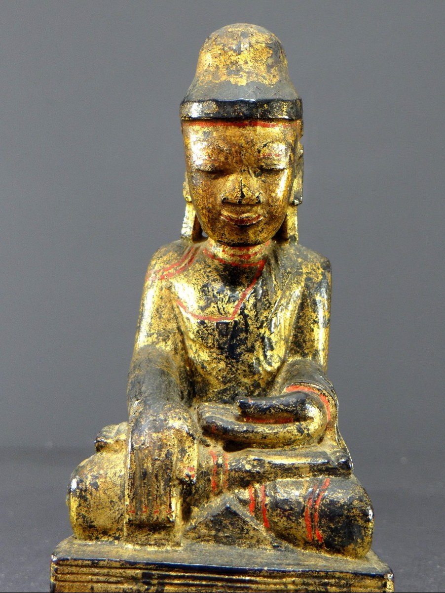 Burma, 19th Century, Mandalay Buddha In Carved And Gilded Wood On A Black Lacquer Background.-photo-2