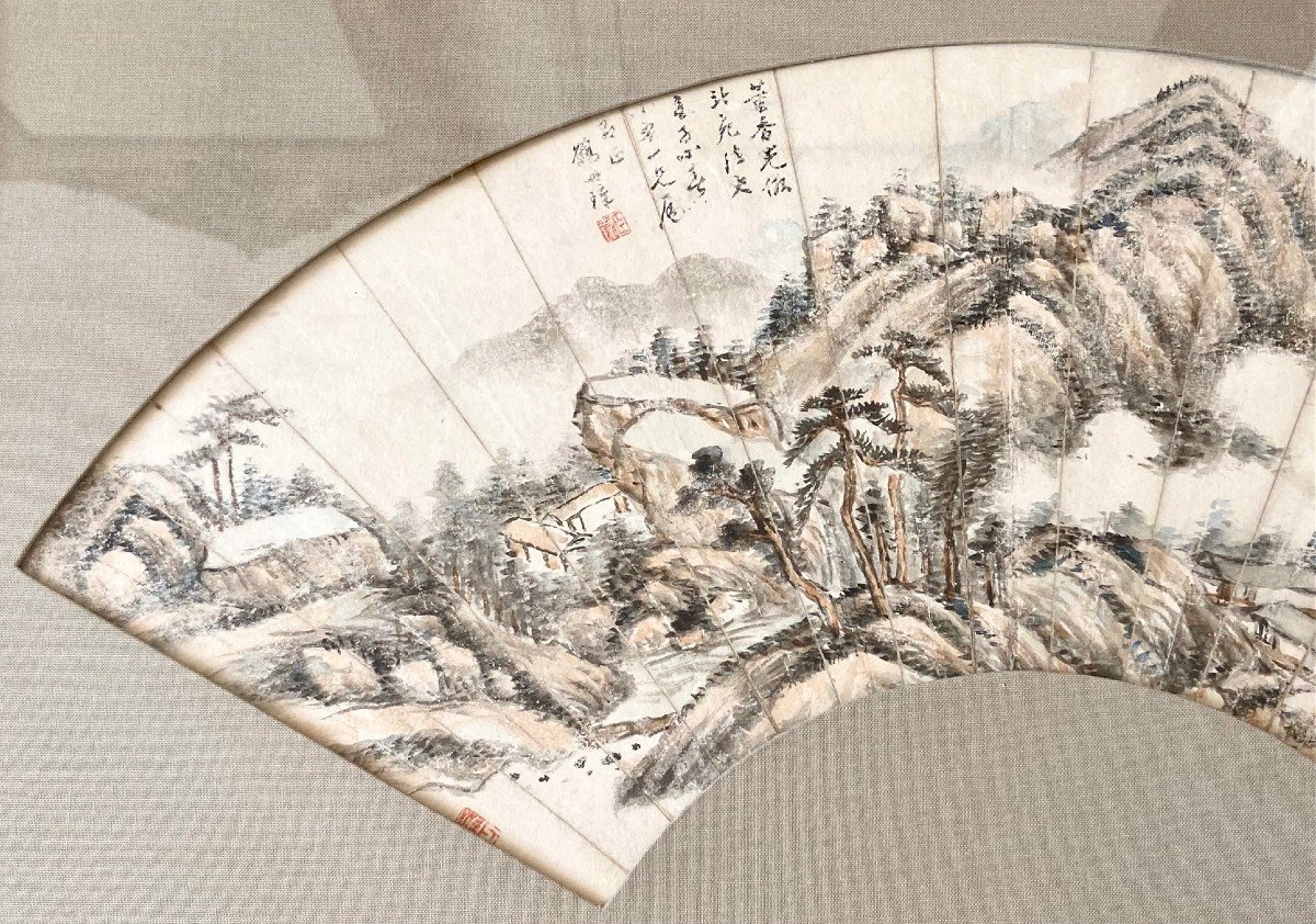 China, Early 20th Century Or Earlier, Fan Decorated With A Mountain Landscape In Ink Wash. -photo-1