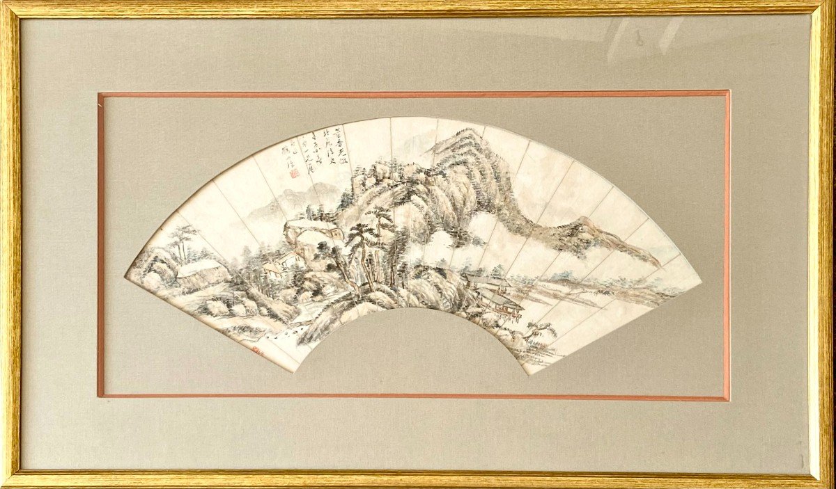China, Early 20th Century Or Earlier, Fan Decorated With A Mountain Landscape In Ink Wash. 