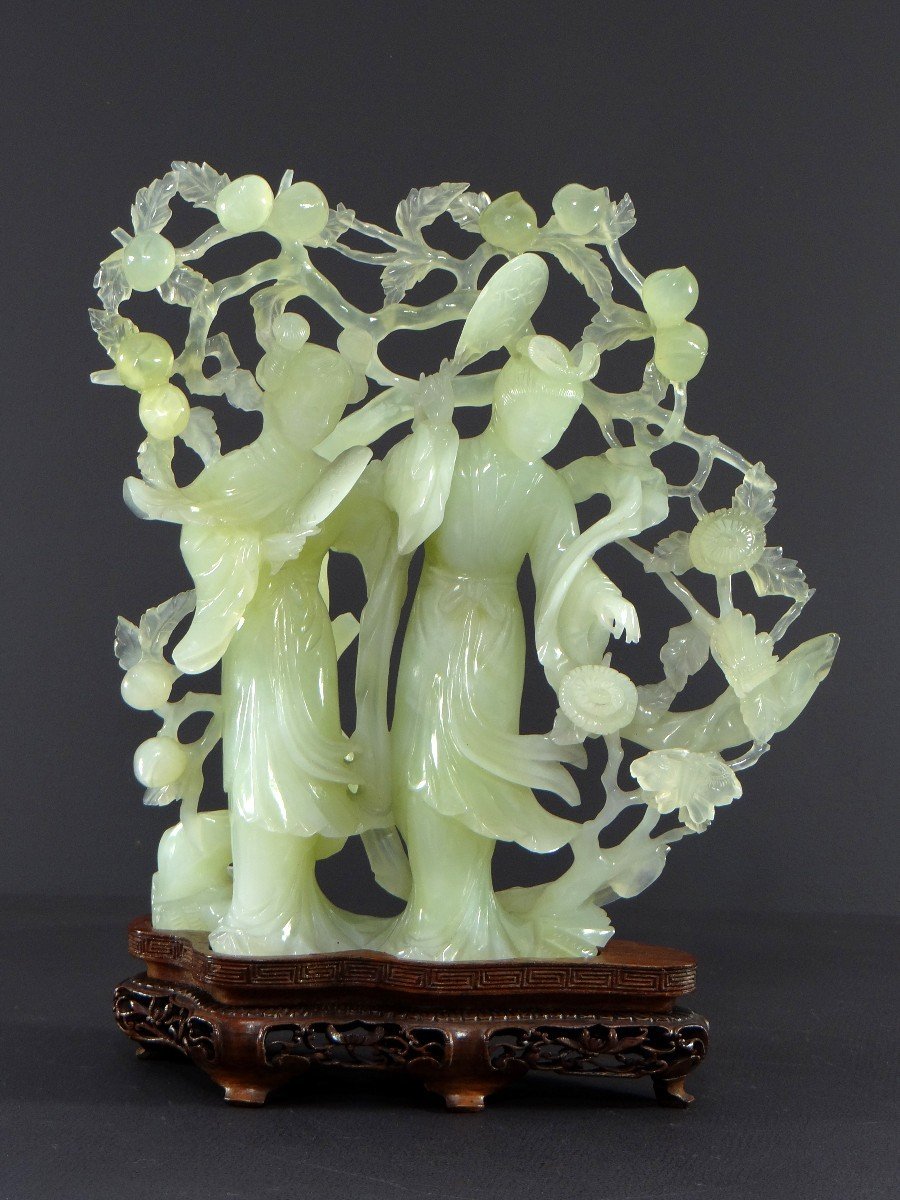 Chine, Première Moitié Du XXème Siècle, Sculpture En Jade Céladon Figurant Deux Dames De Cour.-photo-4