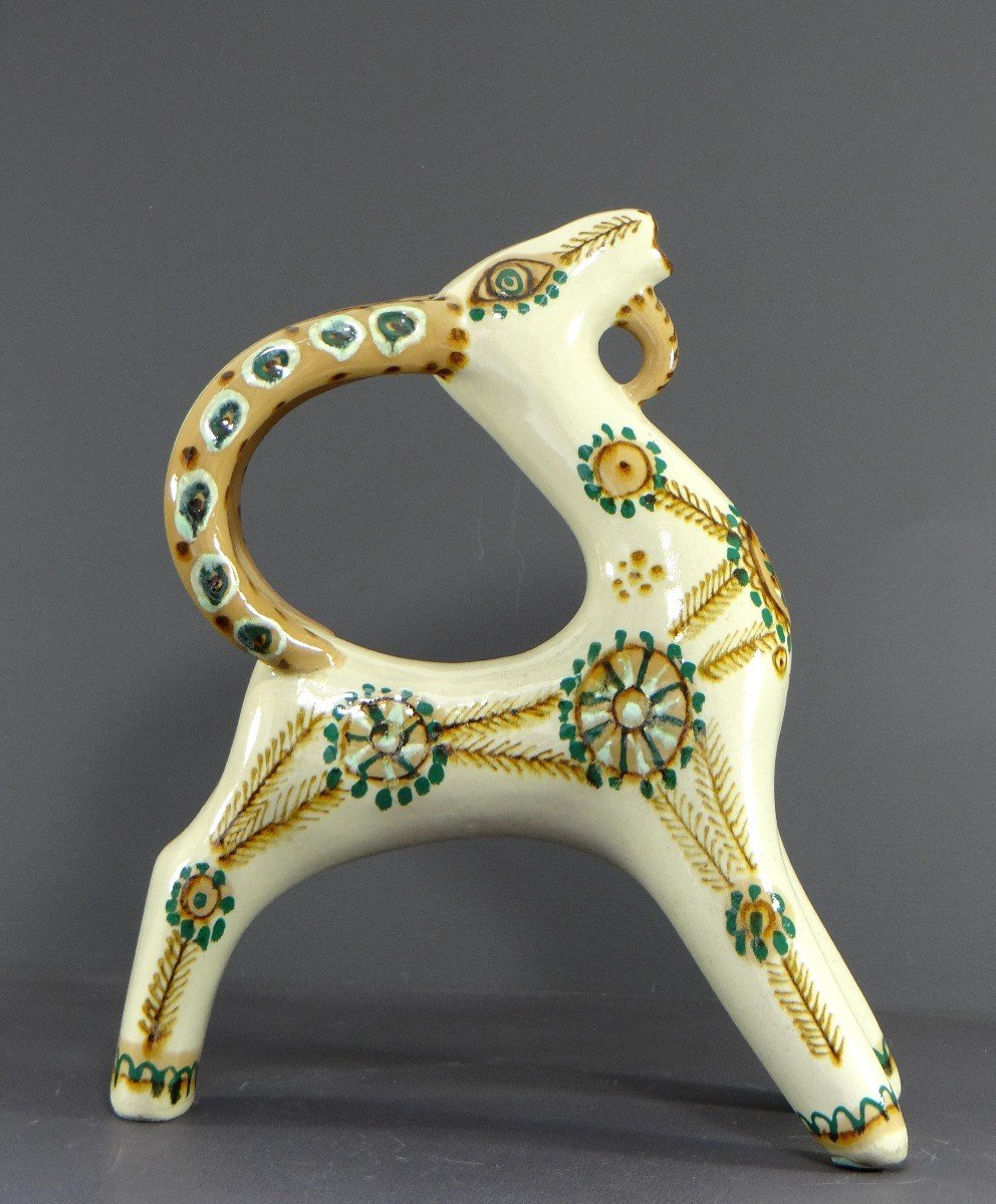 Hungary, 1960s, Ceramic Sculpture Depicting A Mouflon Decorated With Floral Decor. -photo-2