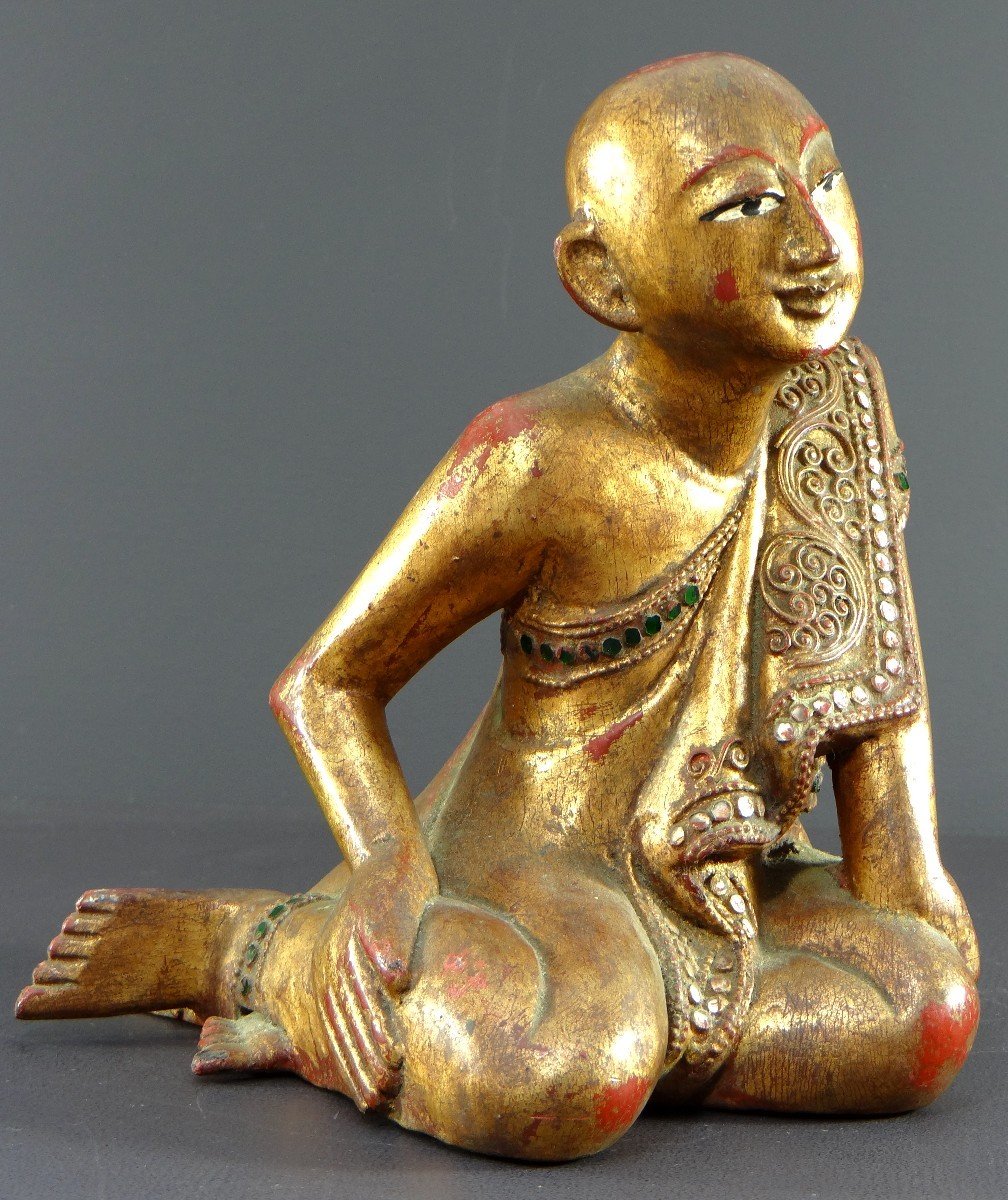 Burma, Kingdom Of Mandalay, Early 20th Century, Pair Of Adorers In Golden Wood. -photo-2