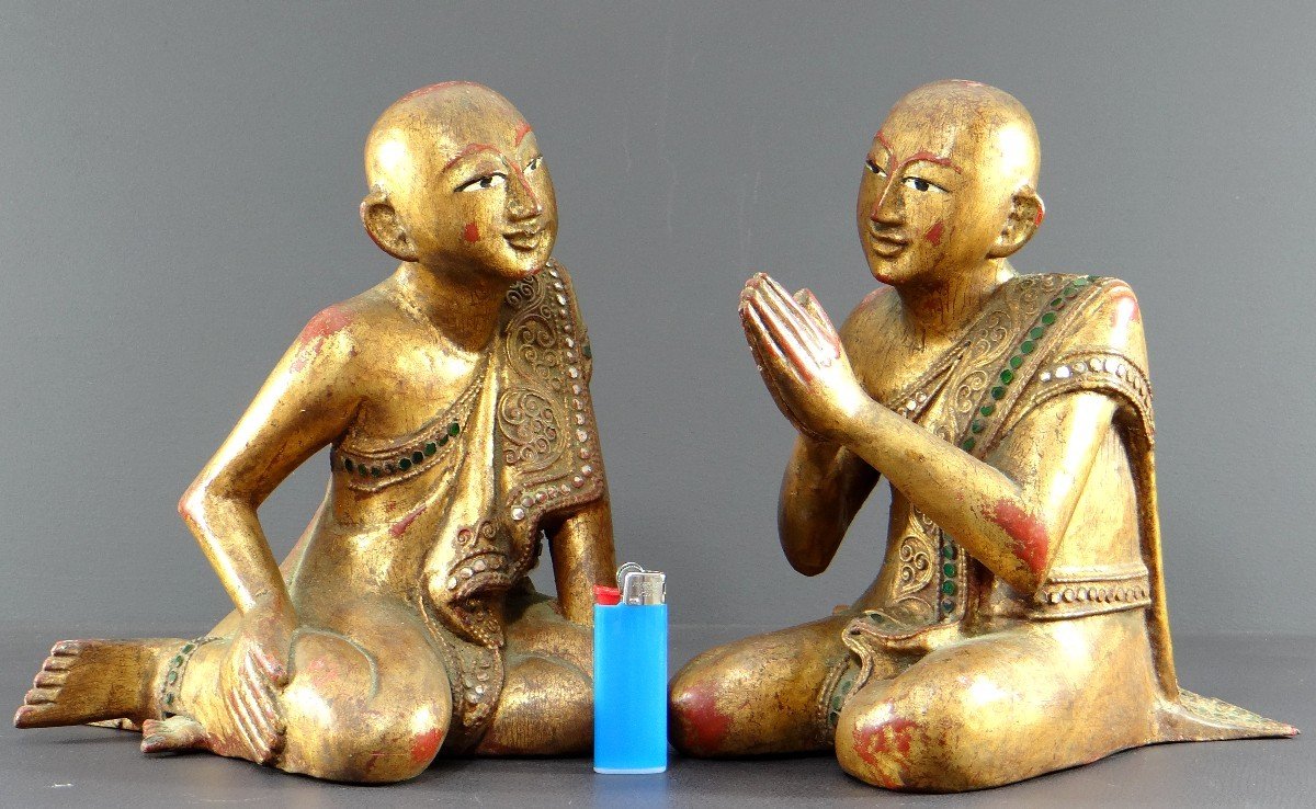 Burma, Kingdom Of Mandalay, Early 20th Century, Pair Of Adorers In Golden Wood. -photo-8