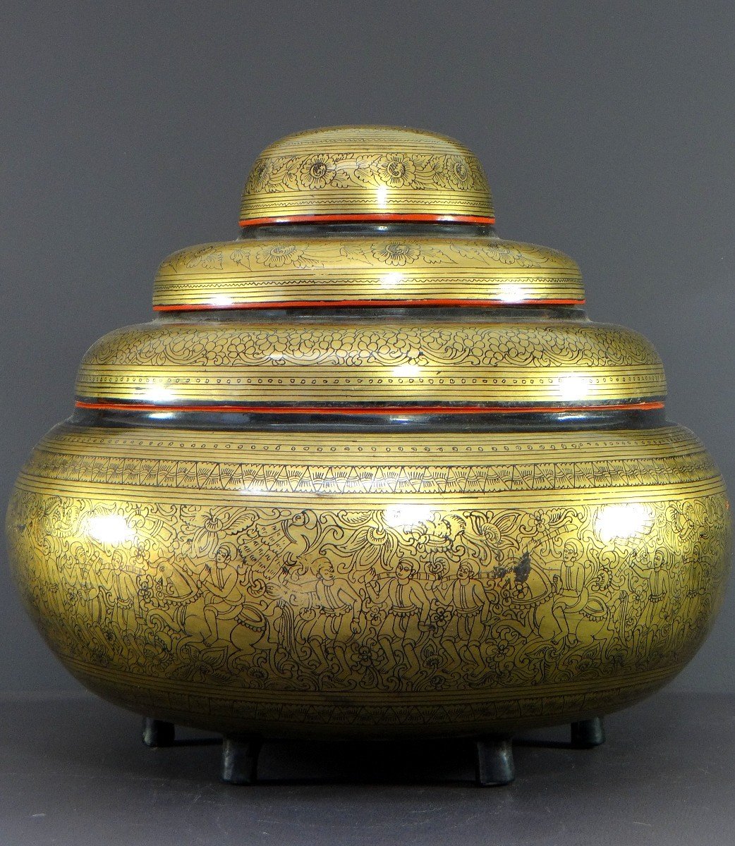 Burma, Mid-20th Century, Four-tier Offering Box In Gold-red-black Lacquer.-photo-4