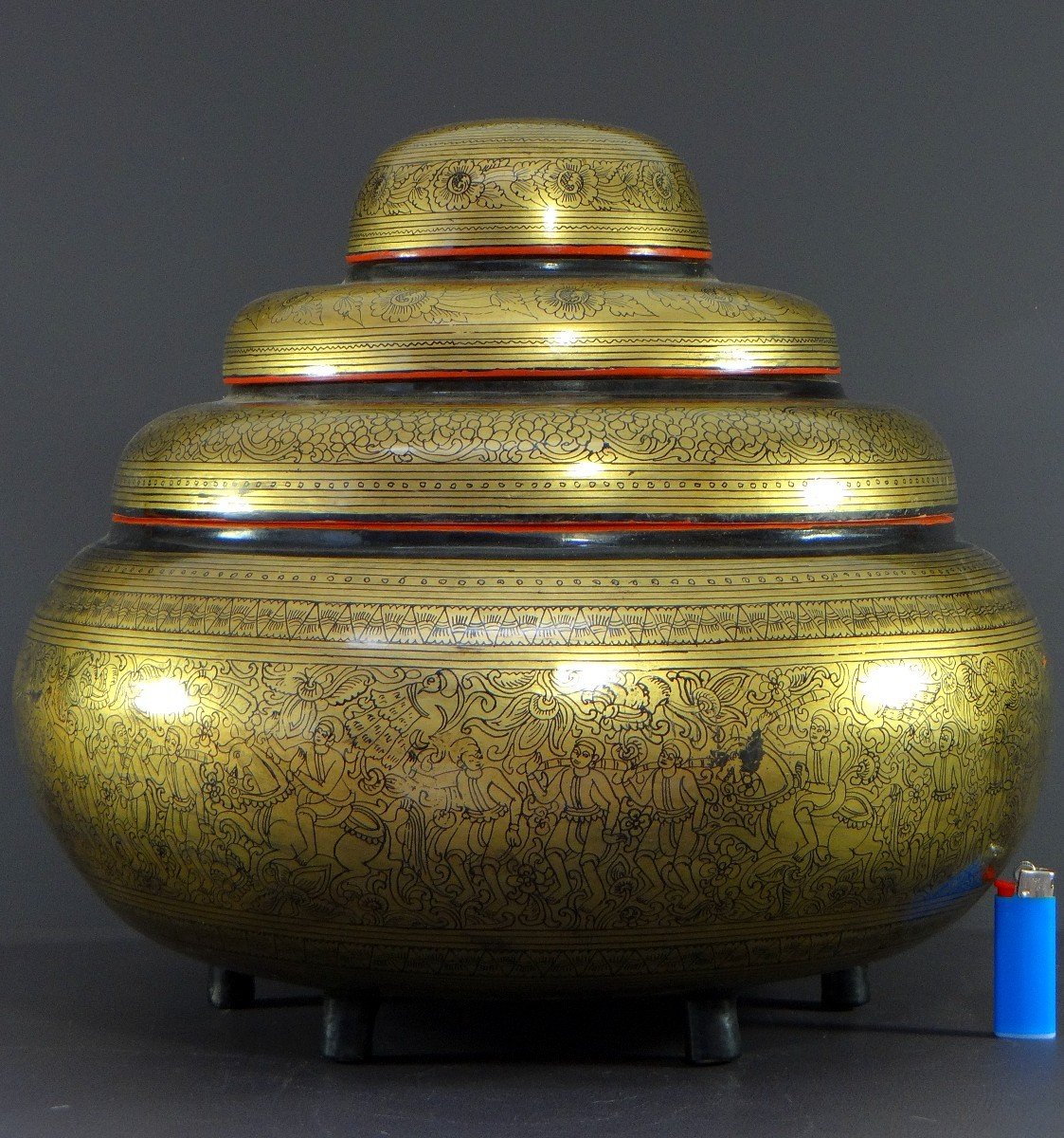 Burma, Mid-20th Century, Four-tier Offering Box In Gold-red-black Lacquer.-photo-8