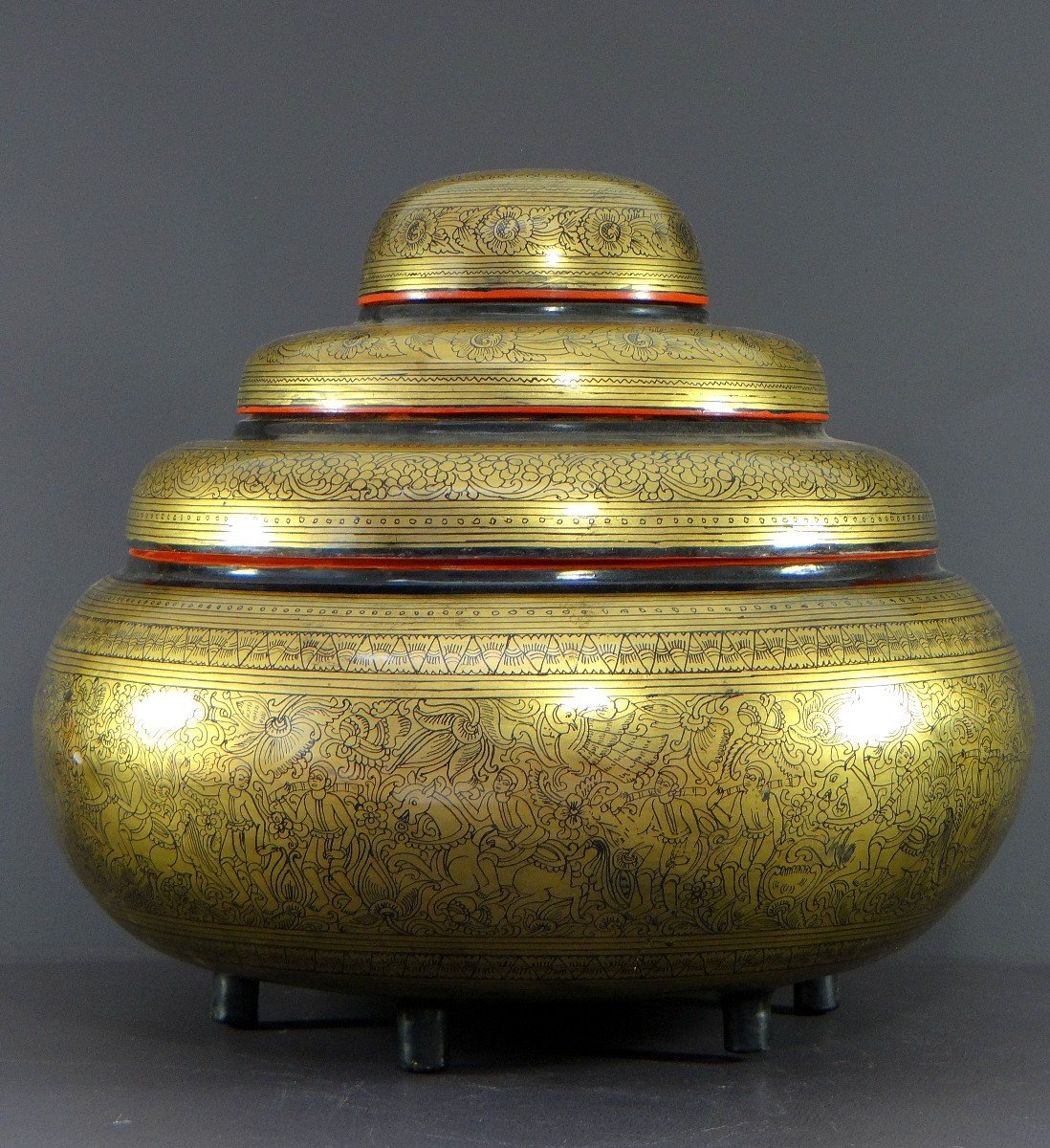 Burma, Mid-20th Century, Four-tier Offering Box In Gold-red-black Lacquer.