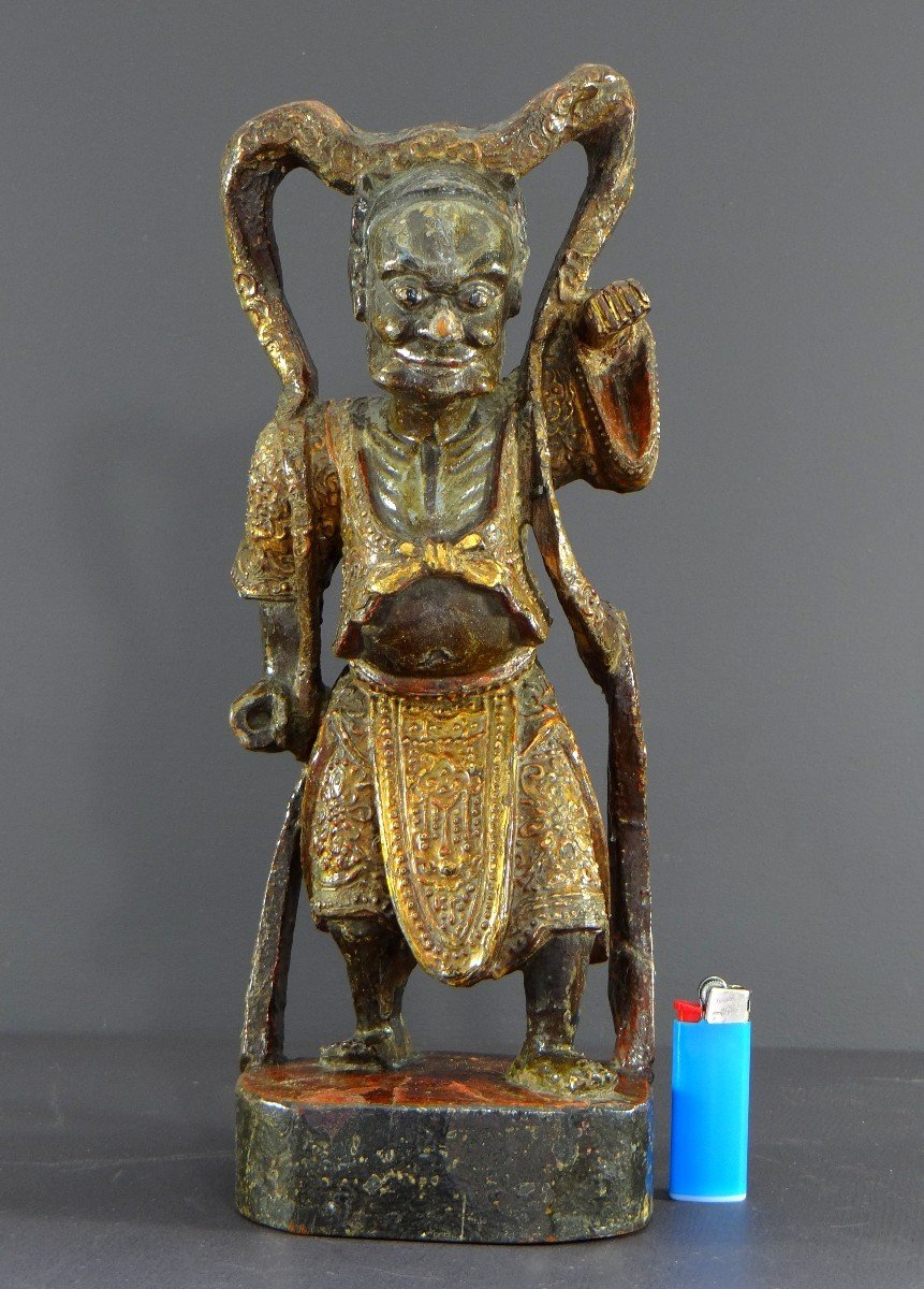 China, Early 20th Century Or Earlier, Statue Of Temple Guardian In Lacquered Wood. -photo-8