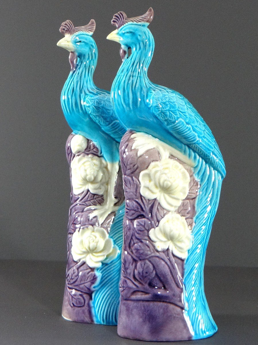 China, 1950s/1960s, Pair Of Porcelain Phoenixes In Shades Of Blue, White And Purple.-photo-2