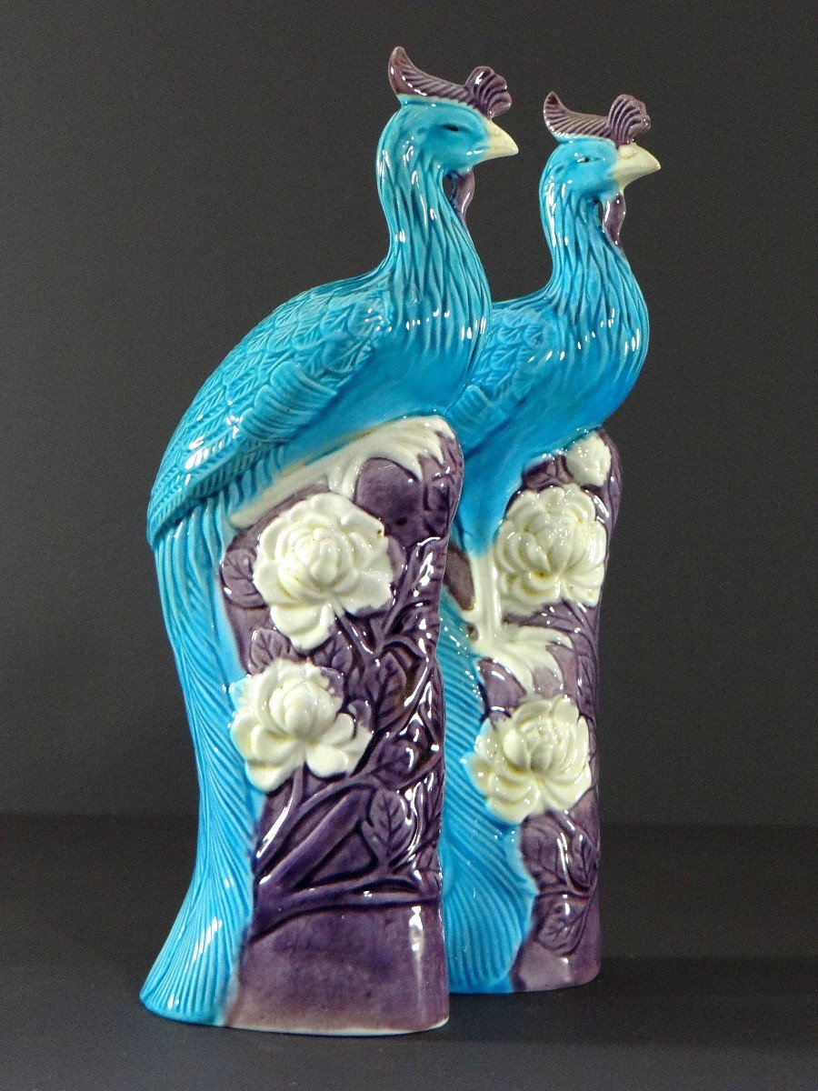 China, 1950s/1960s, Pair Of Porcelain Phoenixes In Shades Of Blue, White And Purple.-photo-4