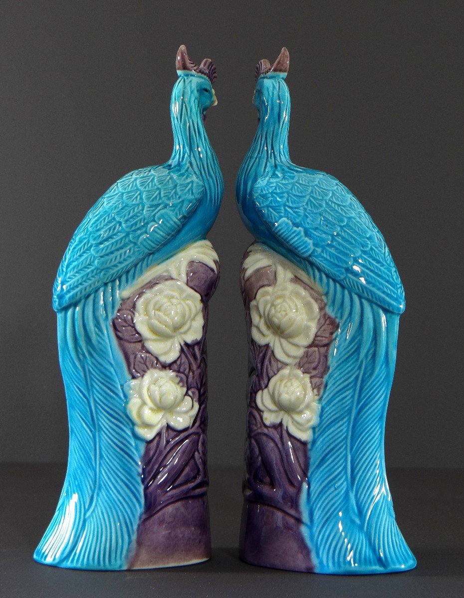 China, 1950s/1960s, Pair Of Porcelain Phoenixes In Shades Of Blue, White And Purple.-photo-1