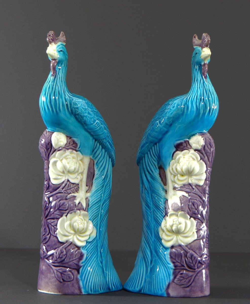 China, 1950s/1960s, Pair Of Porcelain Phoenixes In Shades Of Blue, White And Purple.-photo-6