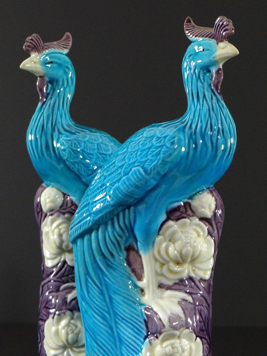 China, 1950s/1960s, Pair Of Porcelain Phoenixes In Shades Of Blue, White And Purple.