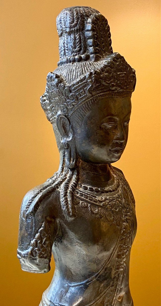 Cambodge, Peuple Khmer, Années 1930/50, Style Du Bayon, Statue Bronze  Bodhisattva Lokeshvara.-photo-3