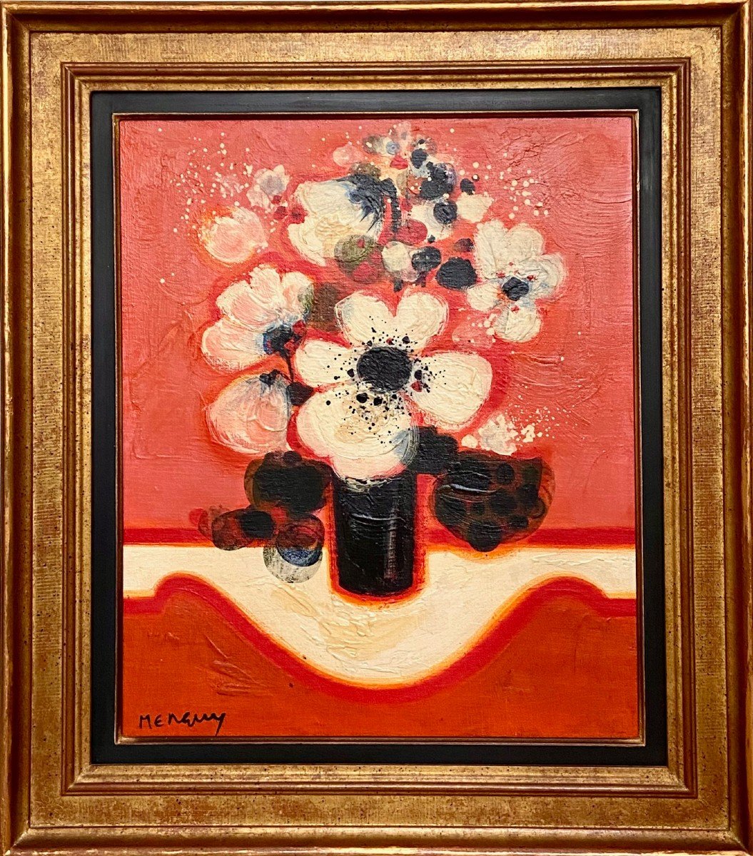 Frédéric Menguy (1927-2007), Oil On Canvas From The 1970s Titled “white Flowers”.-photo-2