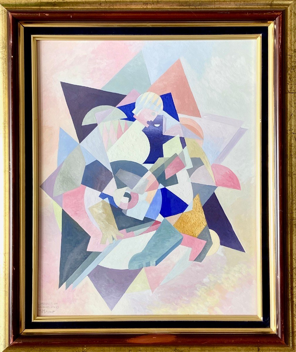Michel Moreno, Cubist Work, Gouache On Paper Depicting A Man With A Guitar, 1970-1980.-photo-2
