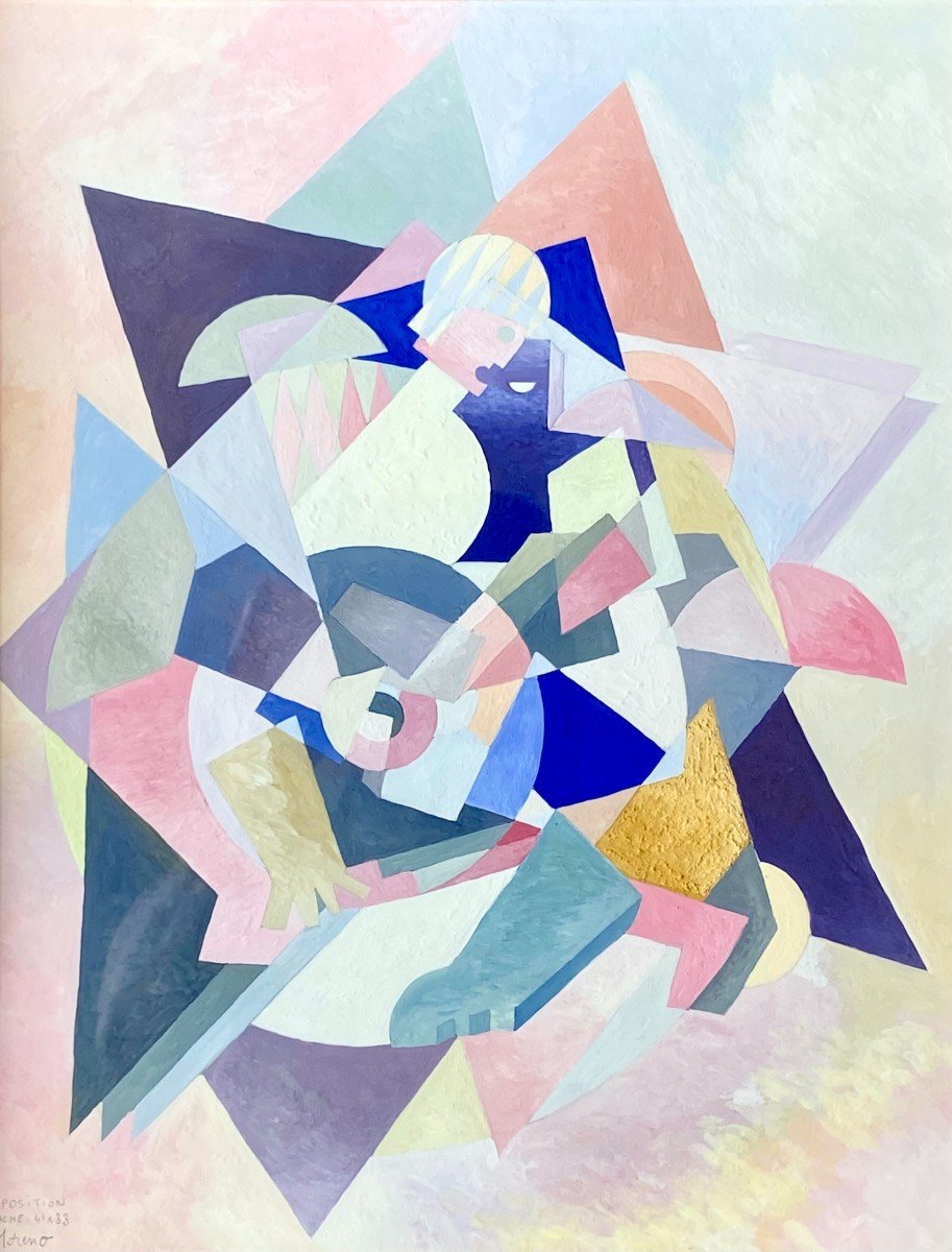 Michel Moreno, Cubist Work, Gouache On Paper Depicting A Man With A Guitar, 1970-1980.-photo-4