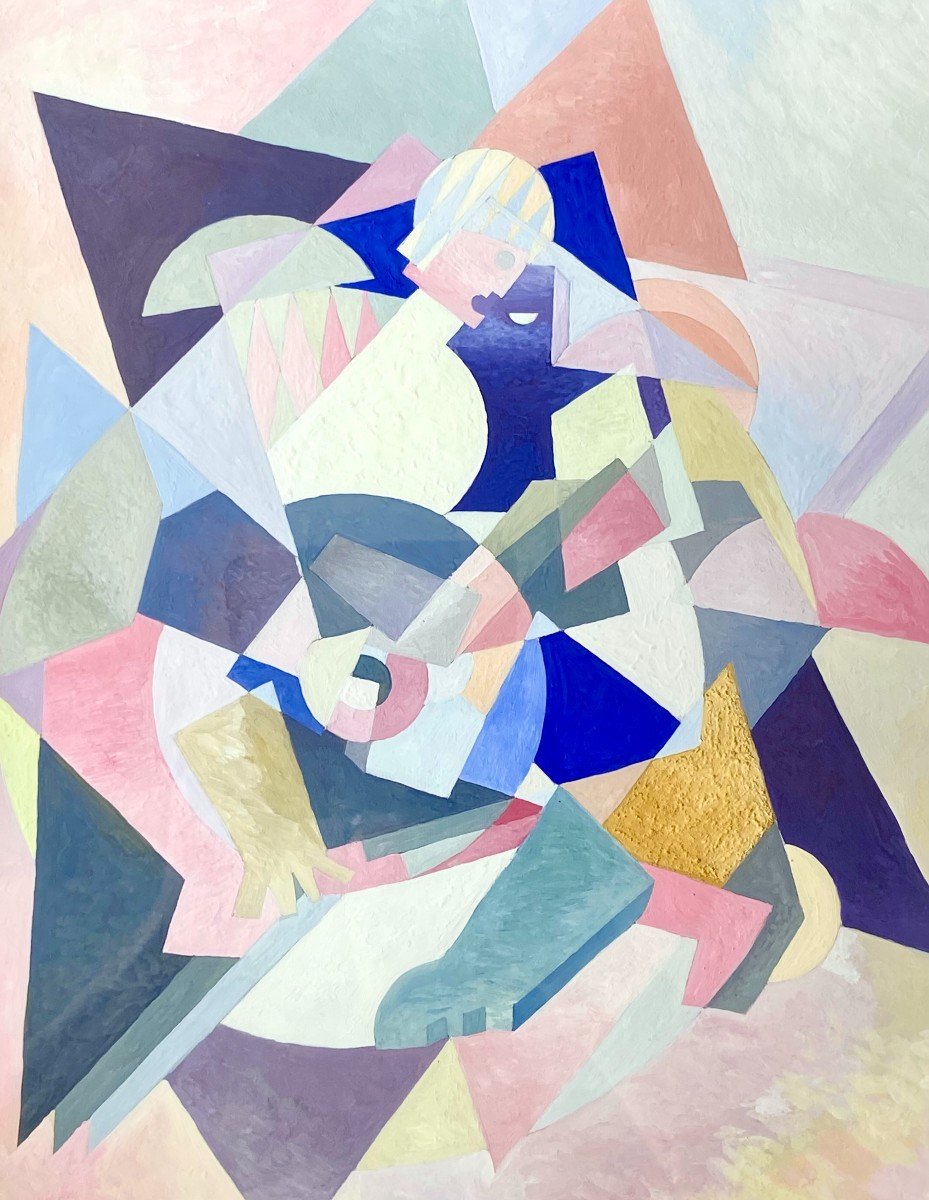 Michel Moreno, Cubist Work, Gouache On Paper Depicting A Man With A Guitar, 1970-1980.-photo-5