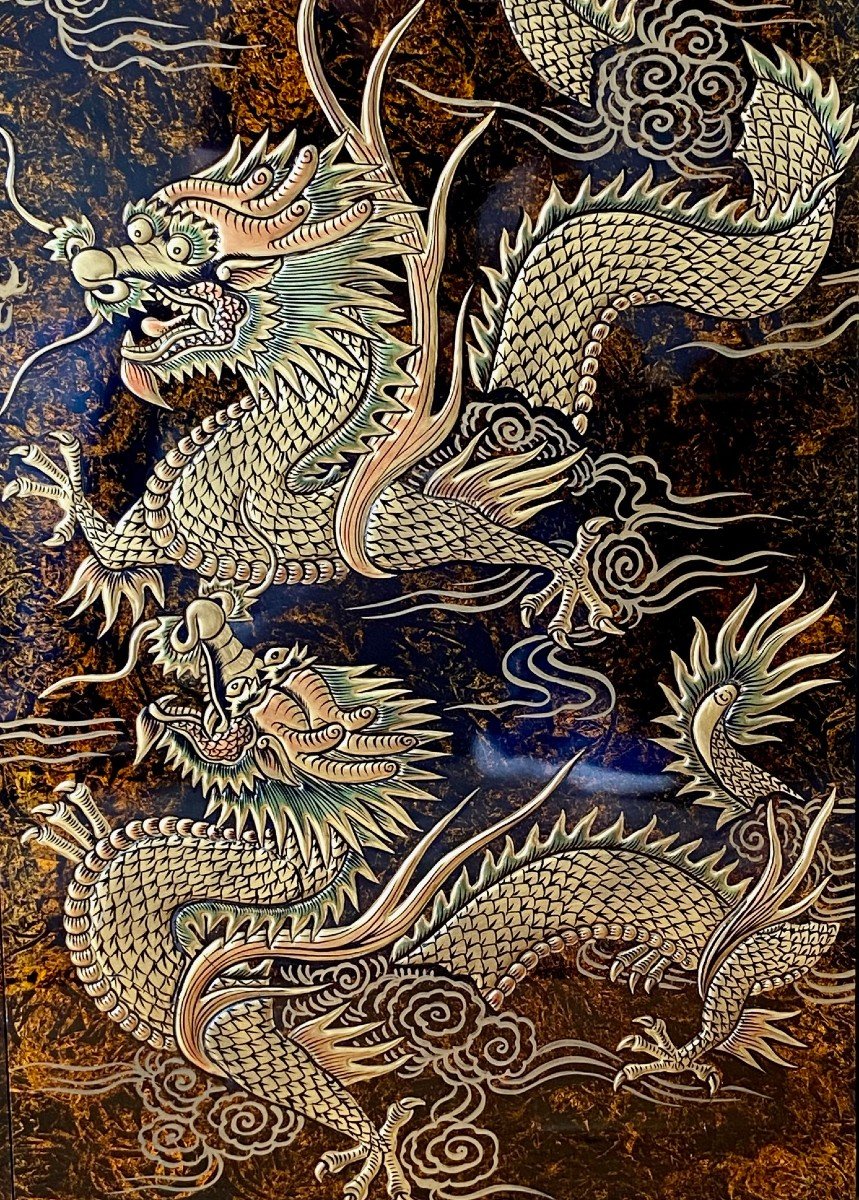 Vietnam, Années 1960/1970, Importante Paire De Panneaux De Laque Dragons Et Perle Sacrée. -photo-4