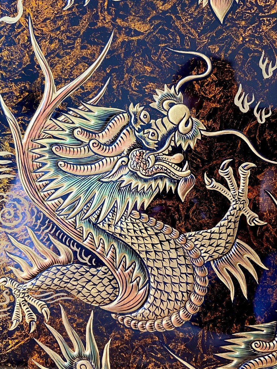 Vietnam, Années 1960/1970, Importante Paire De Panneaux De Laque Dragons Et Perle Sacrée. -photo-6