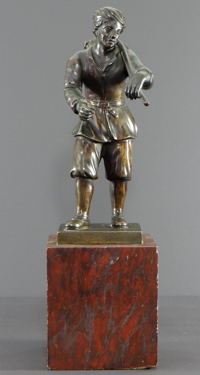 Italy, 18th Century, Bronze Statue Representing A Basket Carrier On A Marble Base.-photo-2