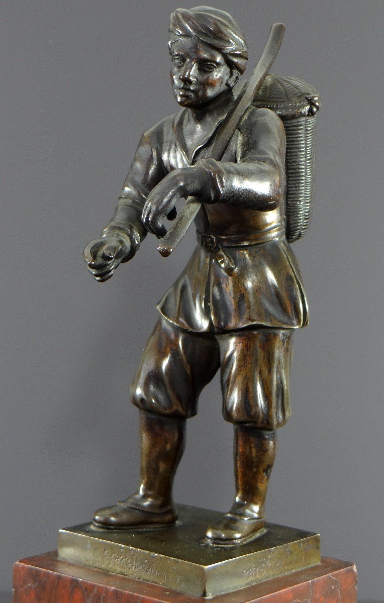 Italy, 18th Century, Bronze Statue Representing A Basket Carrier On A Marble Base.-photo-1