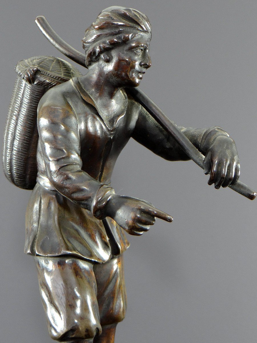 Italy, 18th Century, Bronze Statue Representing A Basket Carrier On A Marble Base.-photo-4