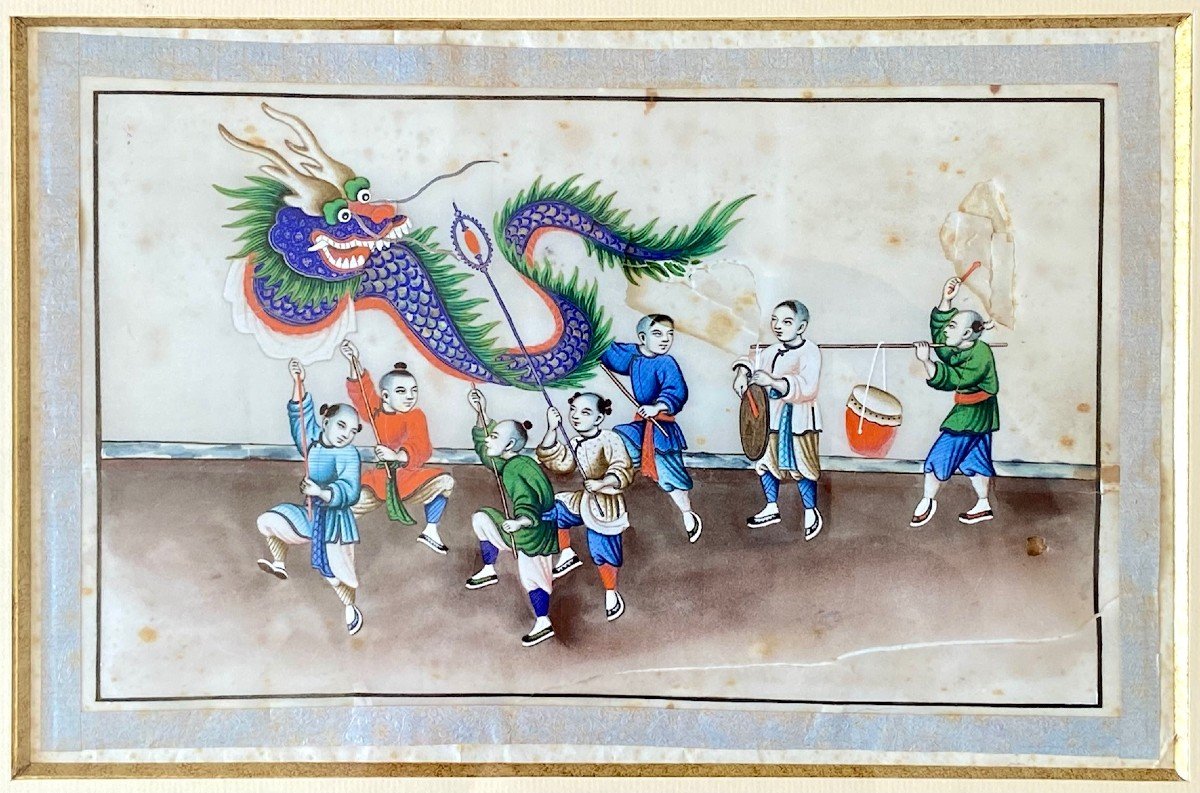 China Around 1900, Gouache On Rice Paper Depicting Children Parading With A Dragon.-photo-2