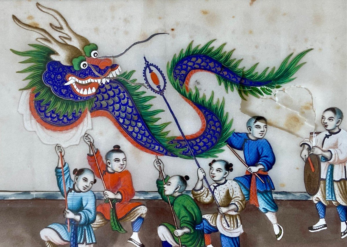 China Around 1900, Gouache On Rice Paper Depicting Children Parading With A Dragon.-photo-3