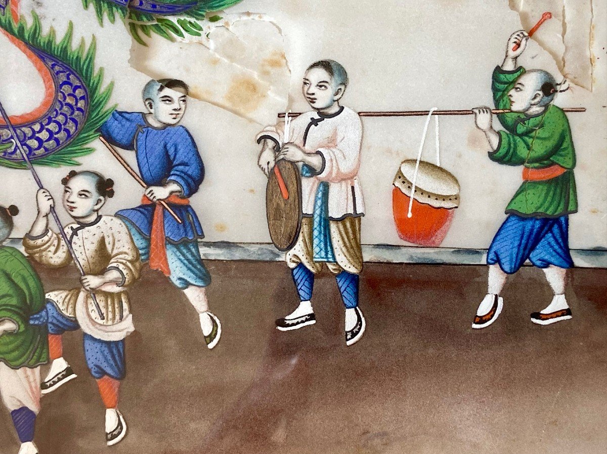 China Around 1900, Gouache On Rice Paper Depicting Children Parading With A Dragon.-photo-1