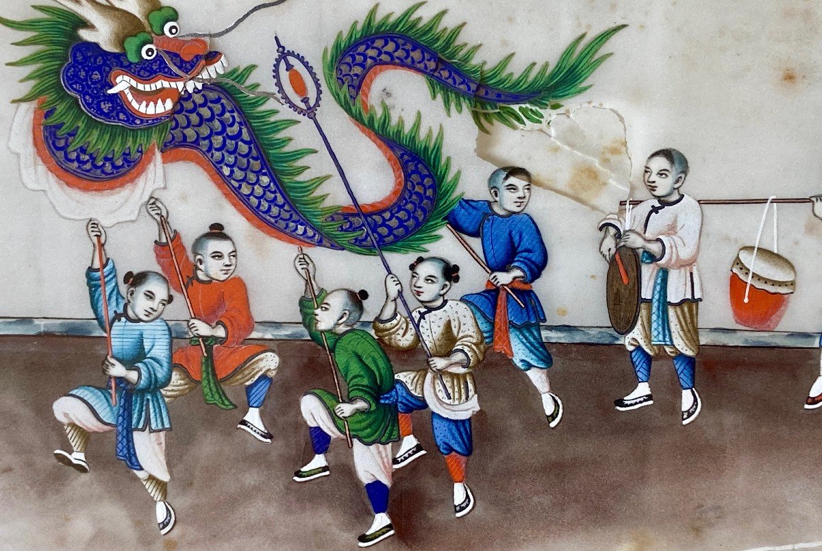 China Around 1900, Gouache On Rice Paper Depicting Children Parading With A Dragon.-photo-2