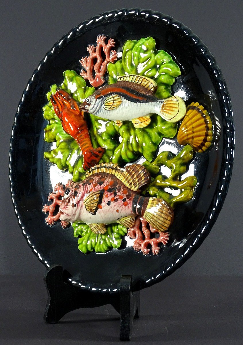 Vallauris, 1950s, Earthenware Plate Decorated With Fish, A Langoustine And Corals.-photo-2