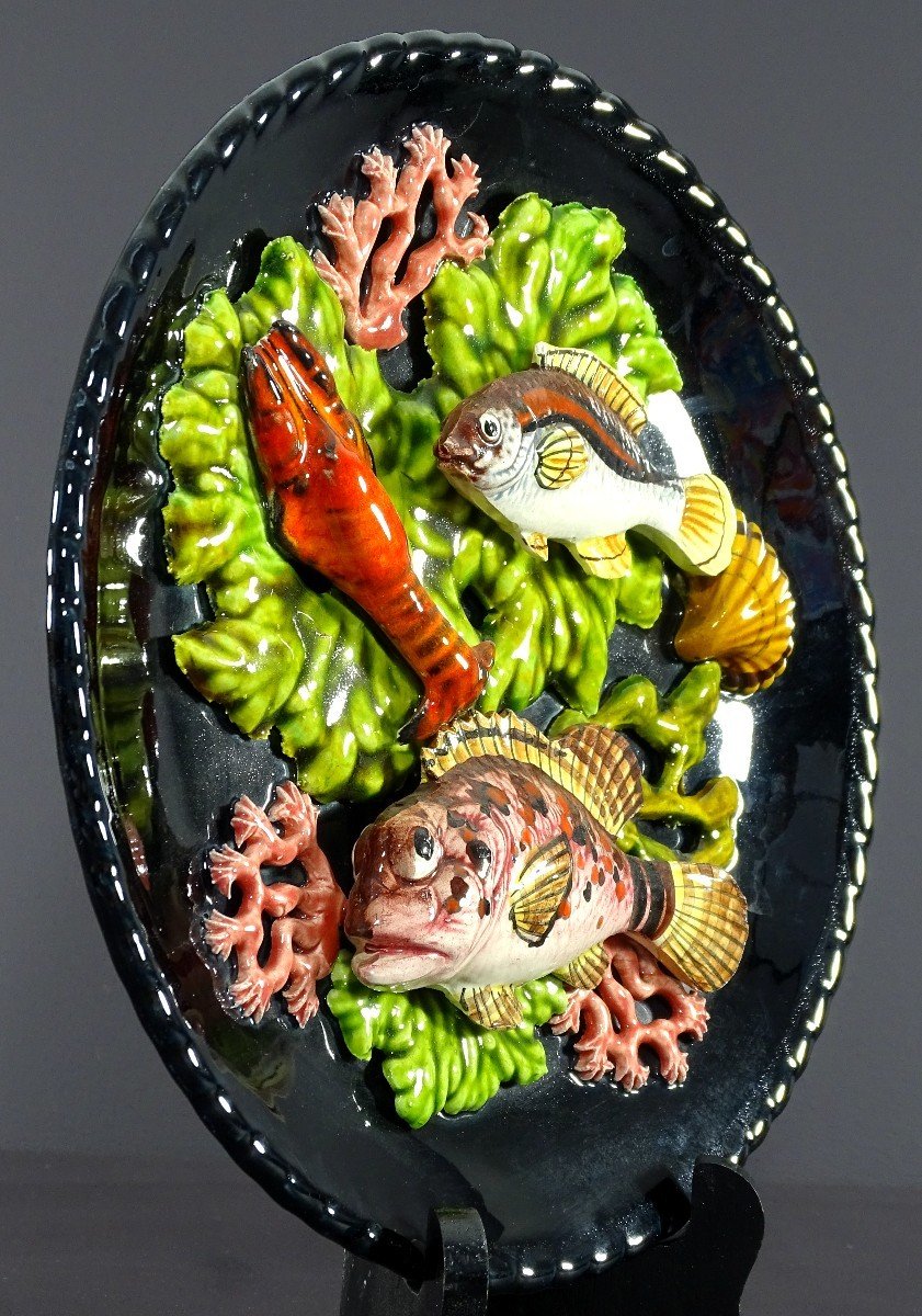 Vallauris, 1950s, Earthenware Plate Decorated With Fish, A Langoustine And Corals.-photo-3