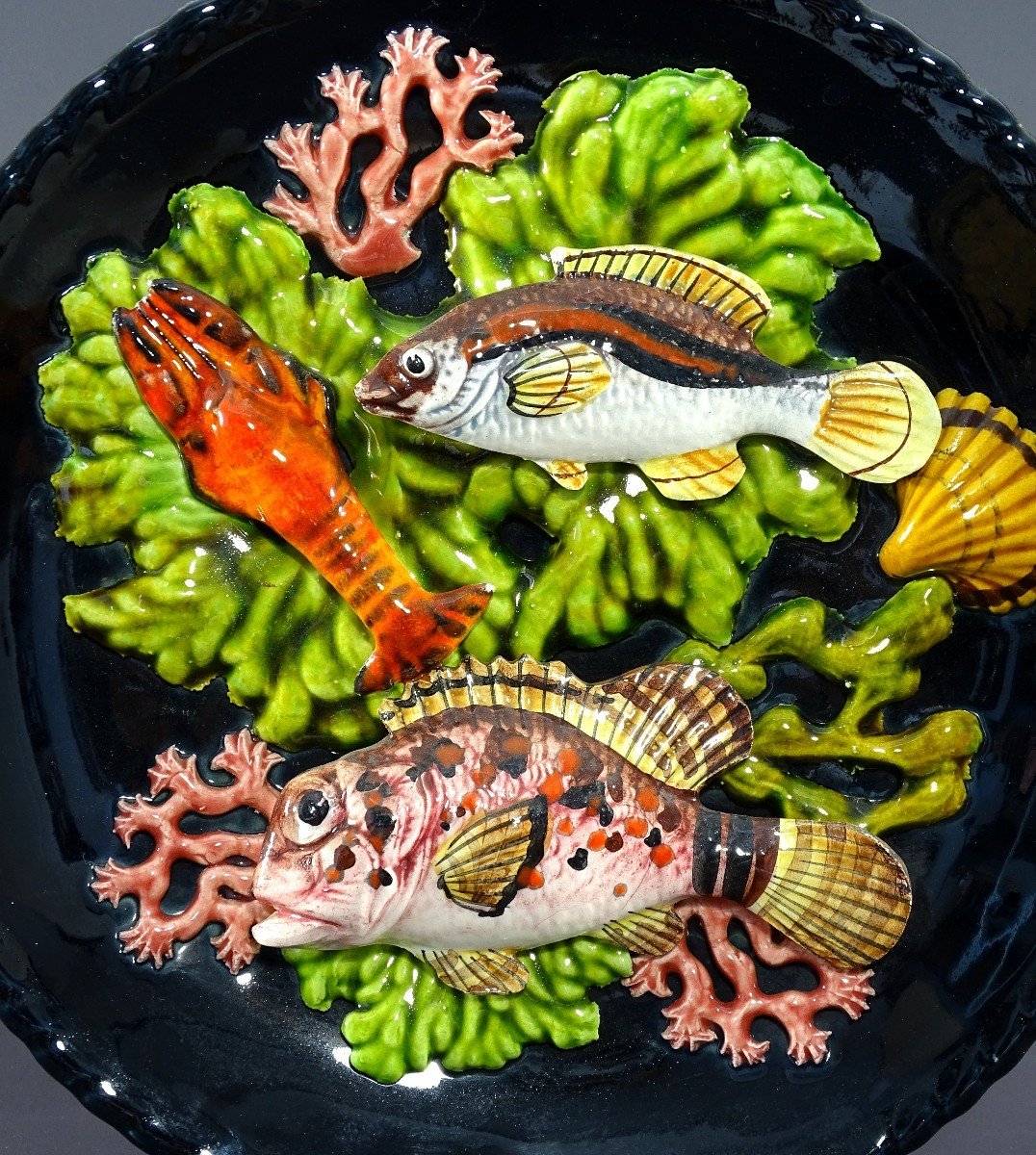 Vallauris, 1950s, Earthenware Plate Decorated With Fish, A Langoustine And Corals.-photo-1