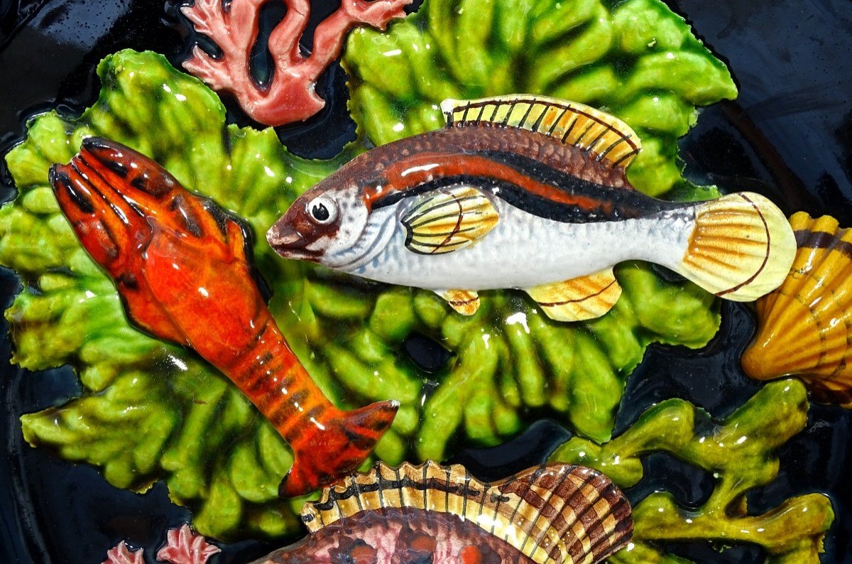 Vallauris, 1950s, Earthenware Plate Decorated With Fish, A Langoustine And Corals.-photo-2