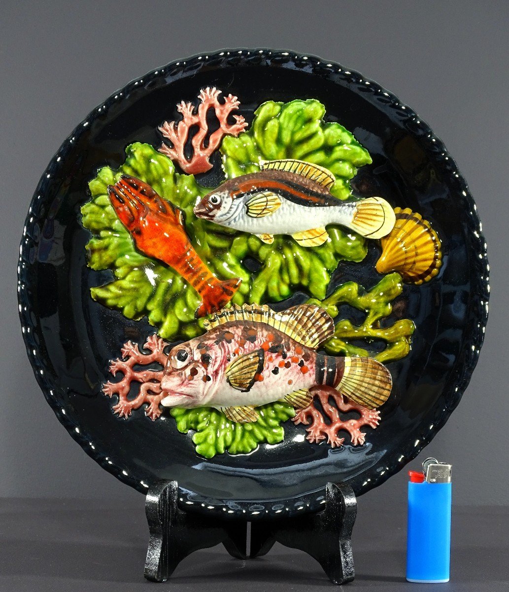 Vallauris, 1950s, Earthenware Plate Decorated With Fish, A Langoustine And Corals.-photo-5