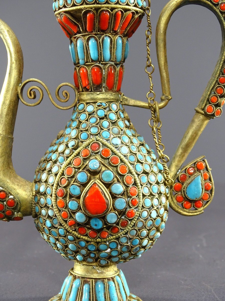 Tibet, 1920s/1930s, Repoussé Copper Ewer Decorated With Red And Blue Enamel Beads. -photo-3