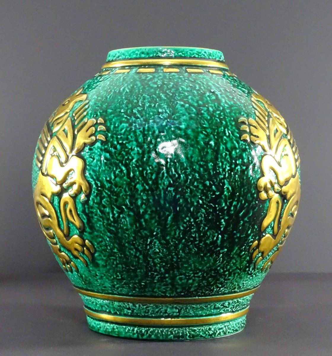 Sainte-radegonde Ou Céramique D’art De Bordeaux (cab), Vase En Céramique à Fond Vert, 1930-1950-photo-3