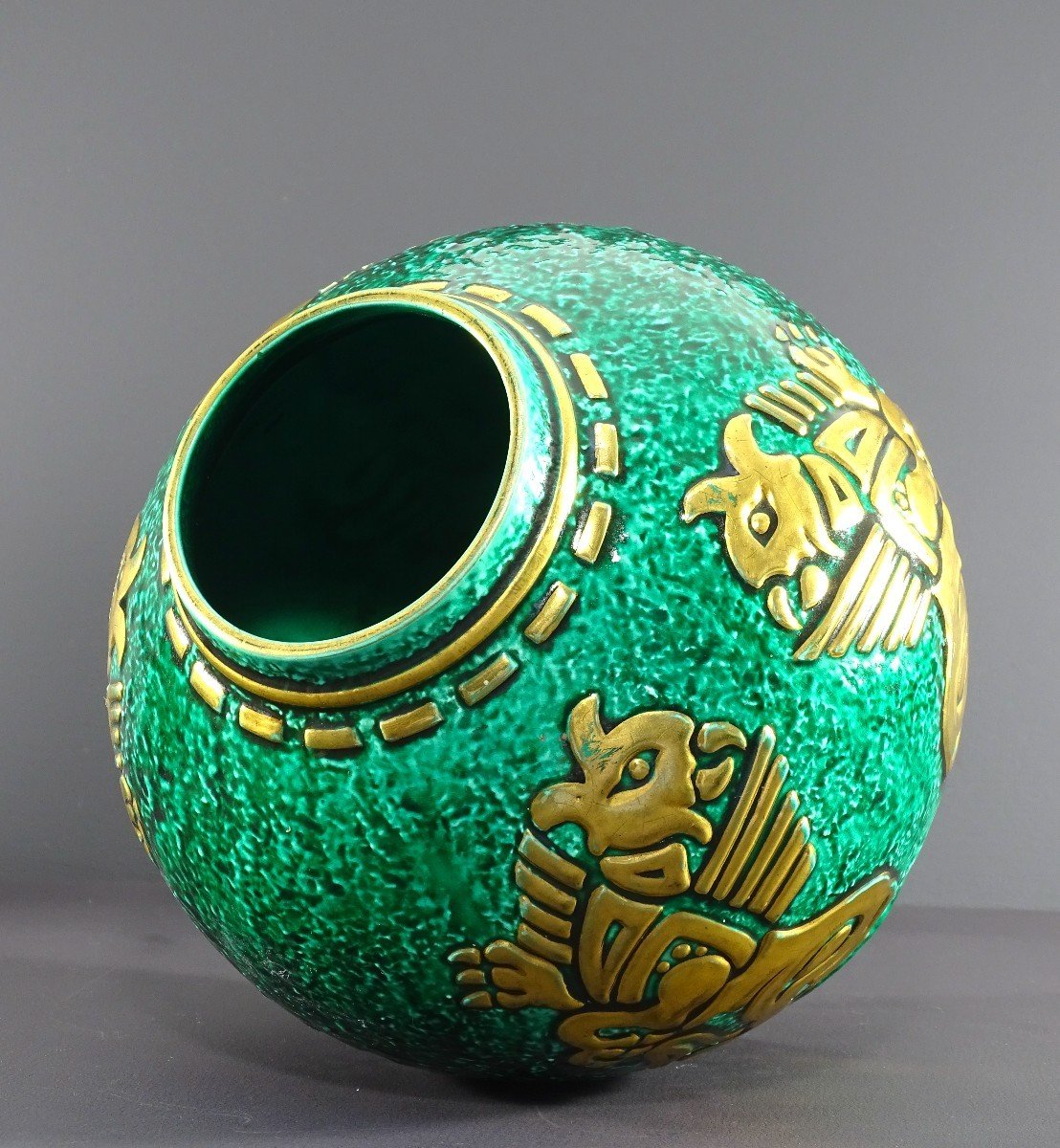 Sainte-radegonde Ou Céramique D’art De Bordeaux (cab), Vase En Céramique à Fond Vert, 1930-1950-photo-1