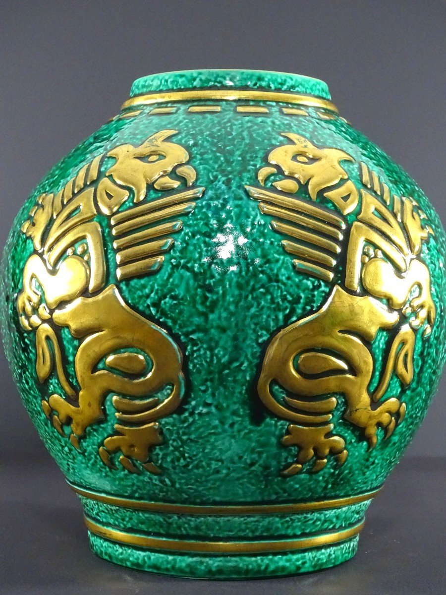 Sainte-radegonde Ou Céramique D’art De Bordeaux (cab), Vase En Céramique à Fond Vert, 1930-1950-photo-2